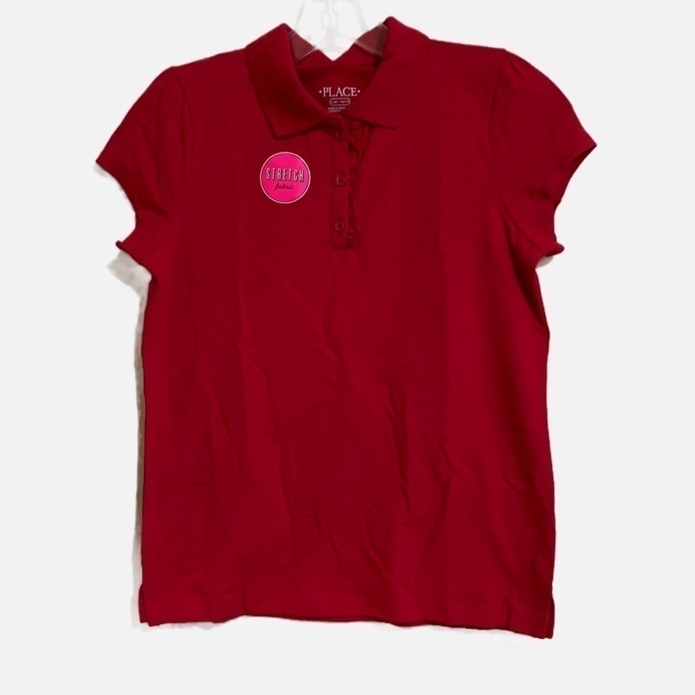 The Children’s Place Stretch Fabric Red Short Sleeve Ruffle Polo.  LG 10/12